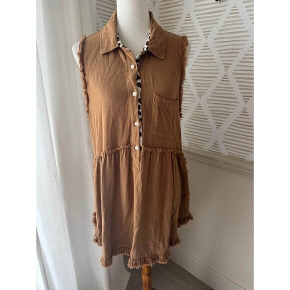 Umgee Women’s Small Brown and Leopard Print Linen Blend Tunic Top - Picture 2 of 6